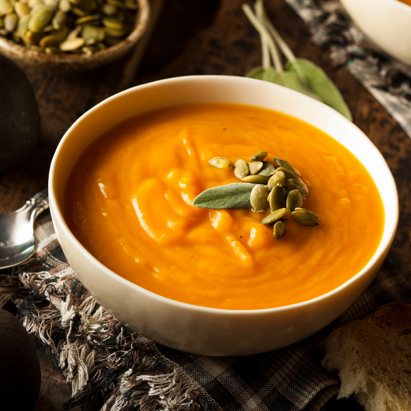 Thai Butternut Squash Lentil Soup with Garlic, Onion, Turmeric, Broth, Ginger, & Carrots